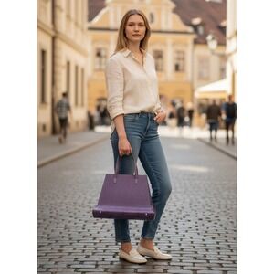 Purple Suede and Croc Embossed Leather Trapezoid Tote Bag Shoulder Bag